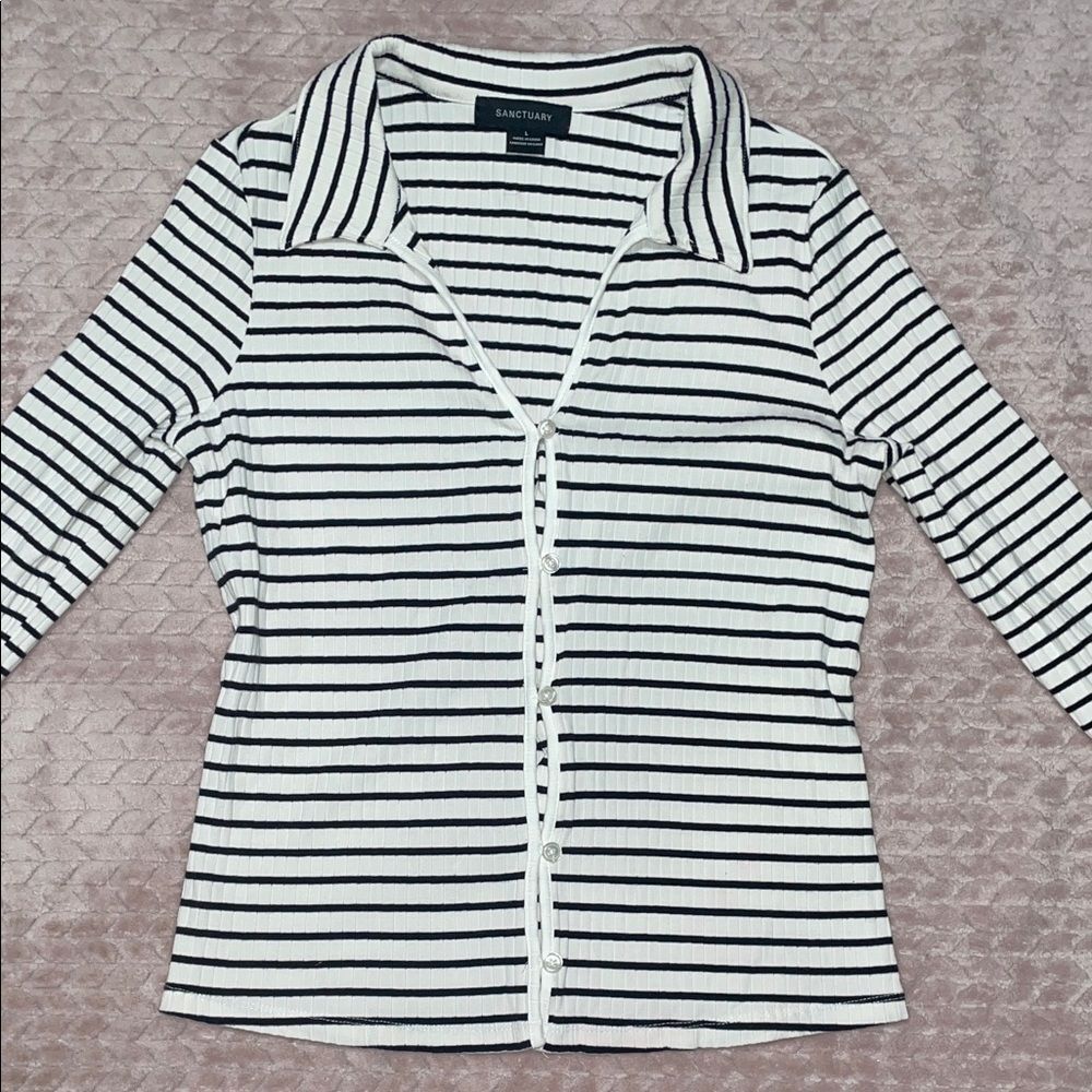 Sanctuary Women's Black and White Striped Button Down Shirt